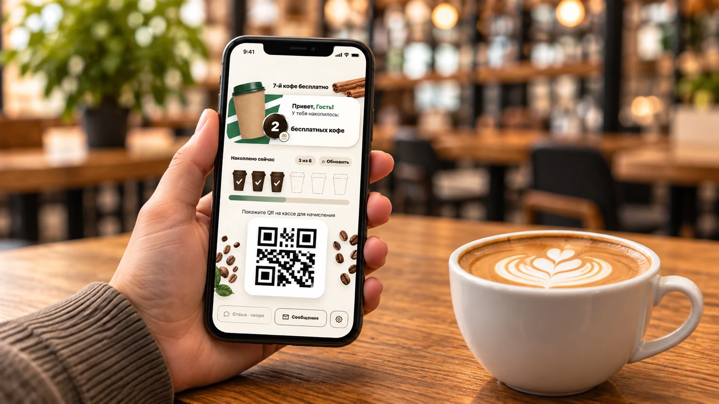 Гость держит телефон с картой лояльности: штампы, подарки и QR-код.