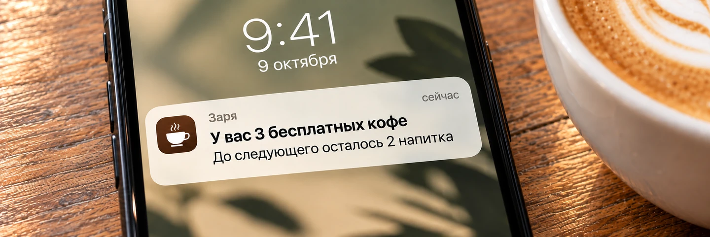 Уведомление на экране блокировки: у вас 3 бесплатных кофе.