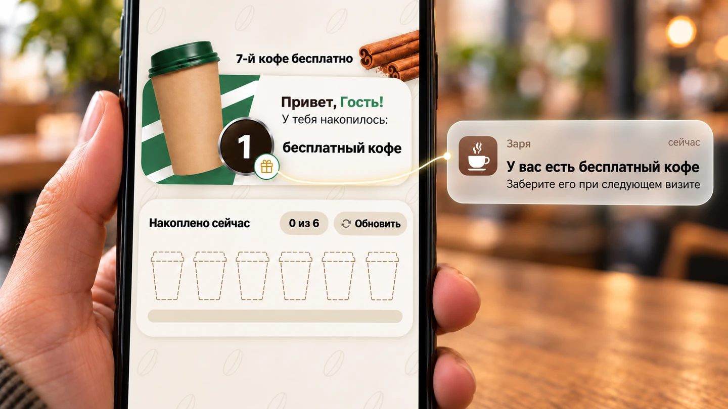 После штампа на карте появился бесплатный кофе.