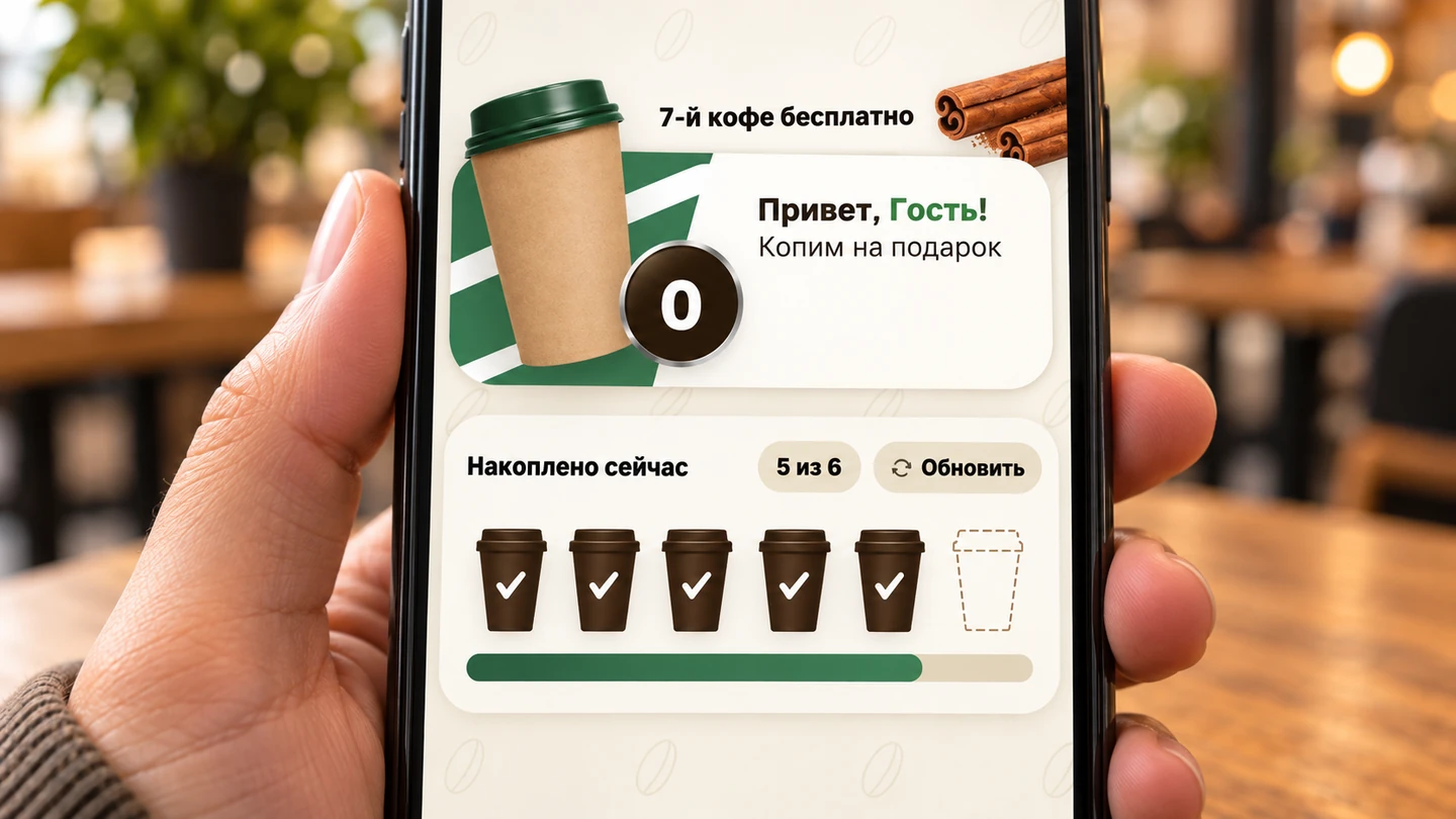 Карта гостя в телефоне: 5 из 6 штампов.